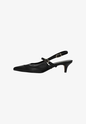 Décolleté slingback nera con punta appuntita. Realizzata in pelle e mesh. Presenta un piccolo tacco e una cinturina regolabile con fibbia.
