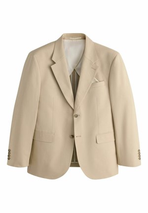 Beige single-breasted men's blazer with notch lapels, two button closures, flap pockets, and a chest pocket with a white pocket square.