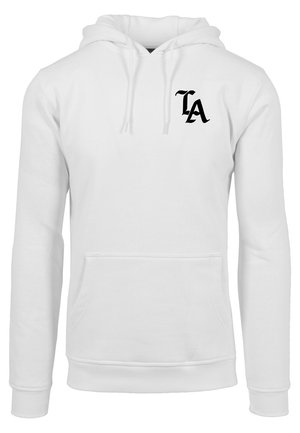 Biała bluza z kapturem, z kieszenią z przodu, sznurkami w kapturze i czarnym logo "LA" na lewej piersi. Miękka tkanina i ściągacze na rękawach.