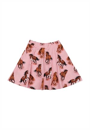 Pink flared skirt with elastic waistband, featuring a repeating pattern of running brown horses with black manes and tails.