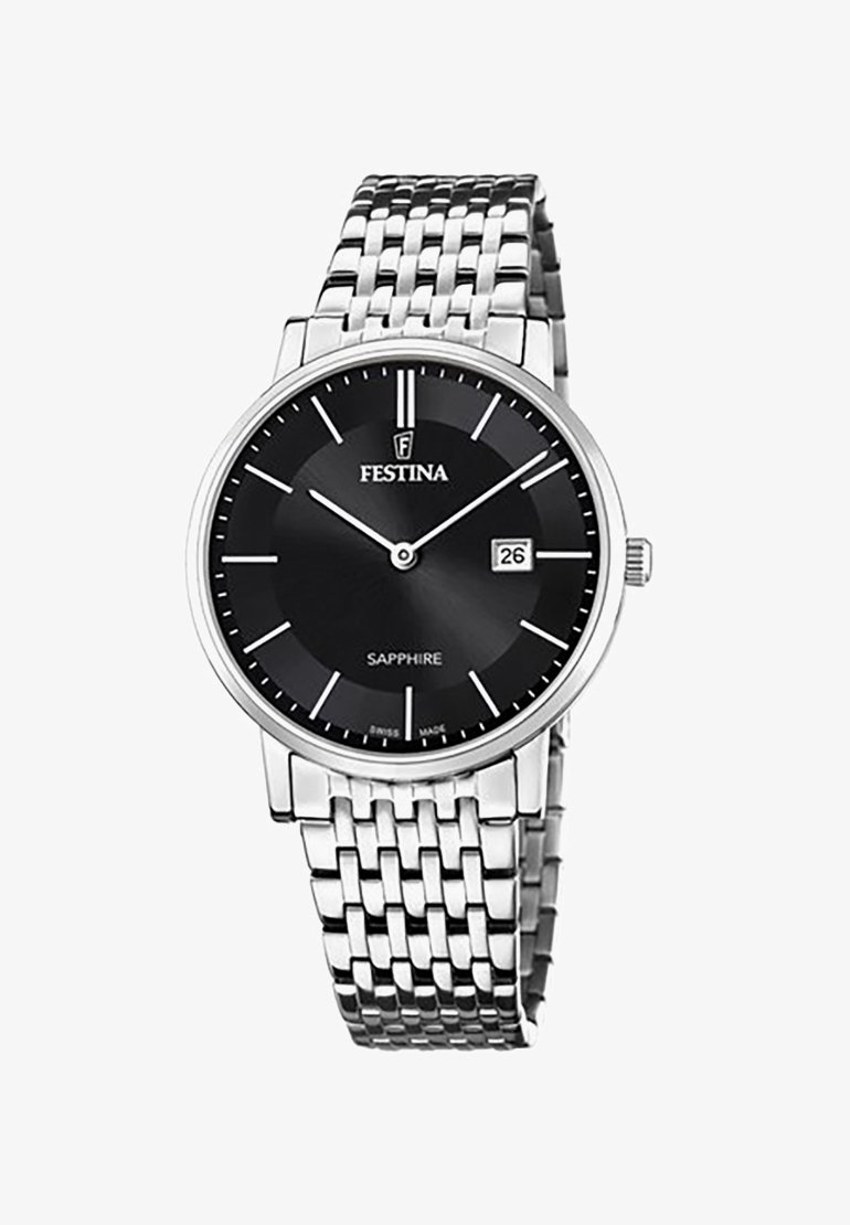 Silberner Edelstahl-Uhr mit schwarzem Zifferblatt, Datumsanzeige und Saphirglas. Verfügt über ein geflochtenes Armband und minimalistische Stundenmarker.