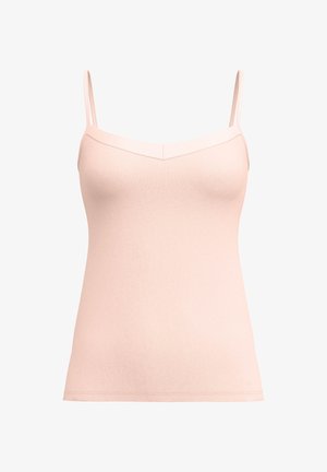 Zachtroze mouwloze camisole met dunne spaghettibandjes en een subtiel V-vormig neklijntje.
