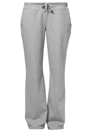Light grey sweatpants with an elastic waistband, drawstring tie, side pockets, and a relaxed, straight-leg fit.