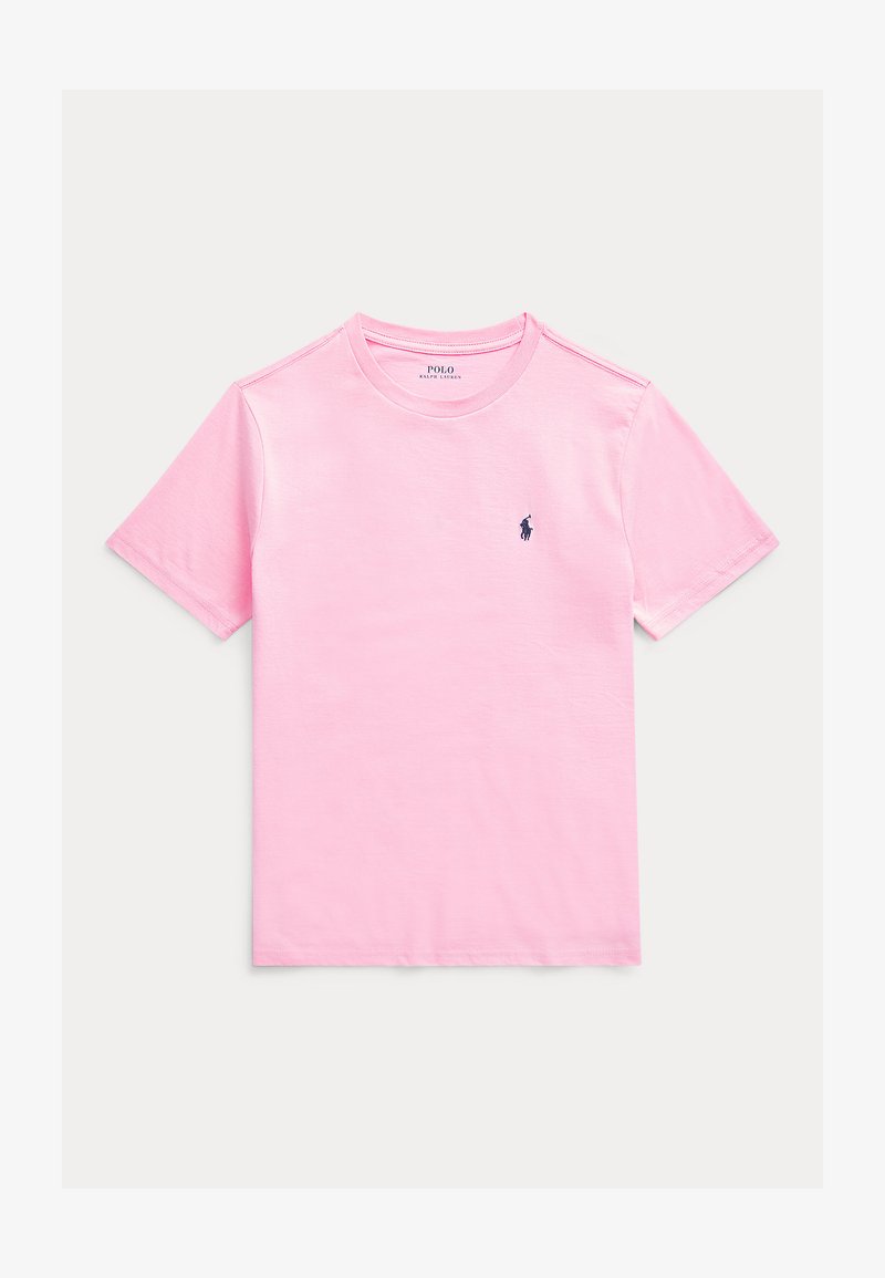 T-shirt rose clair à manches courtes et col rond avec petit logo bleu marine Polo Ralph Lauren brodé sur la poitrine gauche.