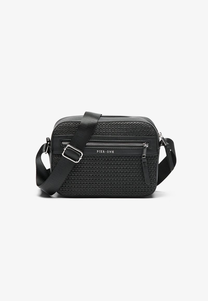 Borsa a tracolla nera con fronte in tessuto testurizzato, dettagli in pelle liscia, tracolla regolabile e scomparti con cerniera. Logo sul davanti.