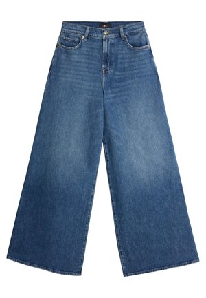 Wide-leg jeans in medium blue denim. Features a high waist, two front pockets, and a button fly. Smooth texture with a faded finish.