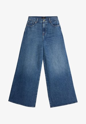 Wide-leg jeans in medium blue denim. Features a high waist, two front pockets, and a button fly. Smooth texture with a faded finish.