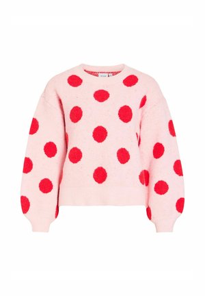 Lys rosa genser med store røde filtprikker, rund halslinning og ribbet kant. Lange, lett puffede ermer gir volum til designet.