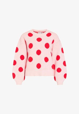 Lichtroze trui met grote rode vilten stippen, ronde halslijn en geribbelde zoom. Lange, licht opgeblazen mouwen voegen volume toe aan het ontwerp.