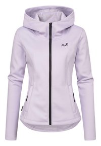 Svijetloplavi zip-up jakna s kapuljačom, sa crnim patentnim zatvaračem i detaljima, dva bočna džepa i prilagođenim dizajnom. Mekana, glatka tekstura.
