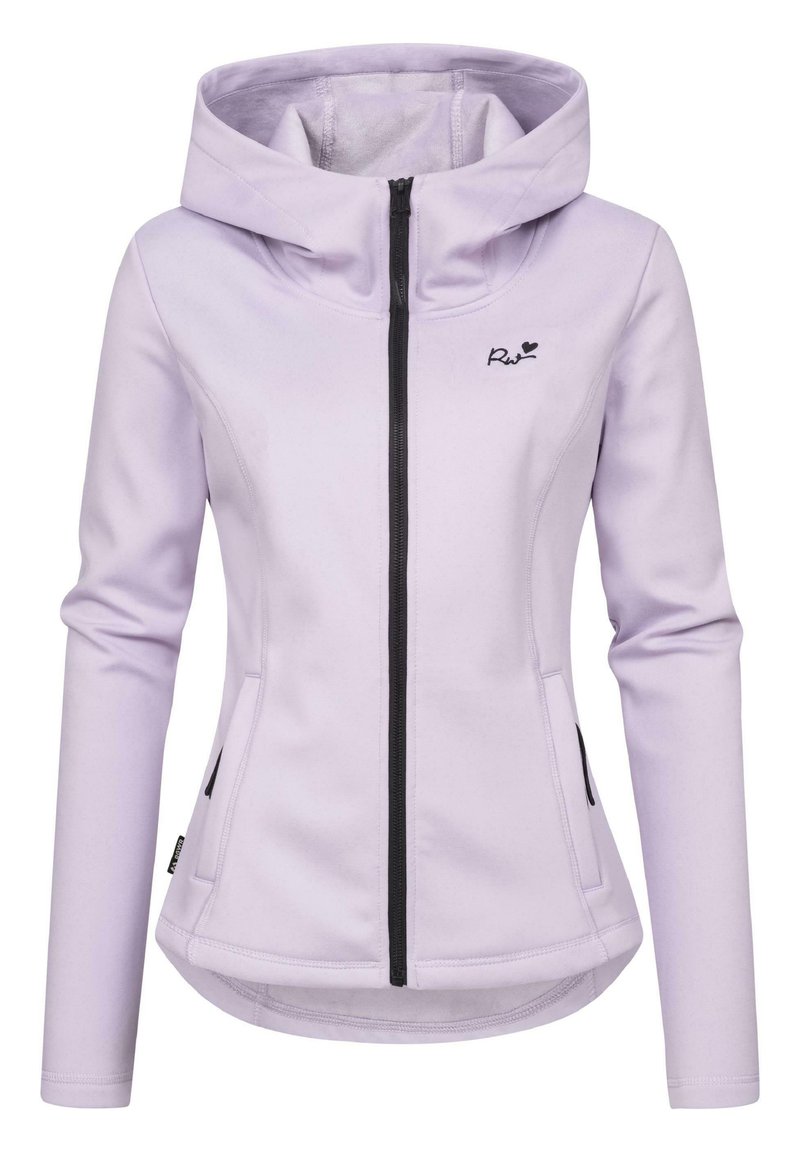 Svijetloplavi zip-up jakna s kapuljačom, sa crnim patentnim zatvaračem i detaljima, dva bočna džepa i prilagođenim dizajnom. Mekana, glatka tekstura.