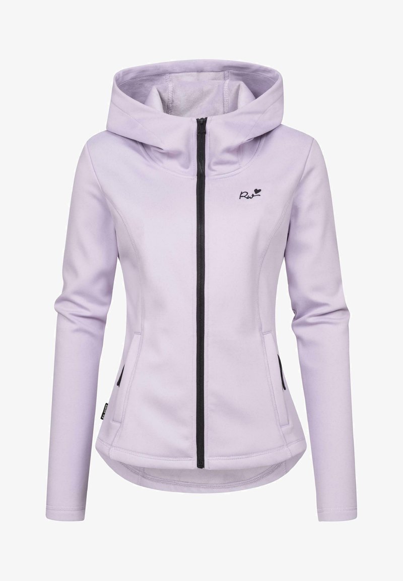 Svijetloplavi zip-up jakna s kapuljačom, sa crnim patentnim zatvaračem i detaljima, dva bočna džepa i prilagođenim dizajnom. Mekana, glatka tekstura.