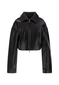 Juodas trumpas odinis švarkas su smailiu apykakle, priekyje užtrauktukas ir dvi šoninės kišenės. Lygus paviršius su blizgiu apdaila.