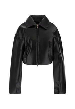 Melnā īsā ādas jaka ar norādītu apkakli, priekšējo rāvējslēdzēju un divām sānu kabatām. Gluda tekstūra ar spožu apdari.