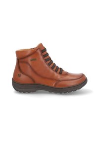 Bota de tobillo de cuero marrón con lados texturizados, cordones elásticos y punta redondeada. Suela de goma gruesa y texturizada para mayor adherencia y durabilidad.