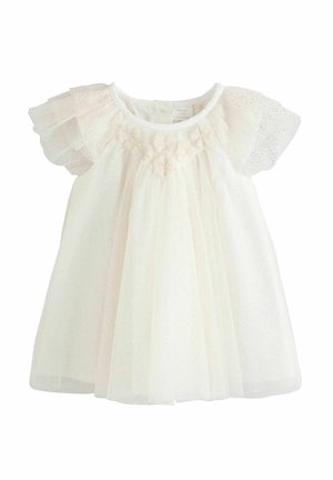 Witte jurk met korte, gerimpelde mouwen en een tule rok. Voorzien van bloemrijke details bij de halslijn en subtiele glitters overal.