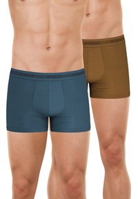 Boxer-briefs pour hommes en bleu et marron. Tissu doux, ceintures élastiques avec le logo "ATHENA". Conception ajustée, texture lisse et sans motifs visibles.
