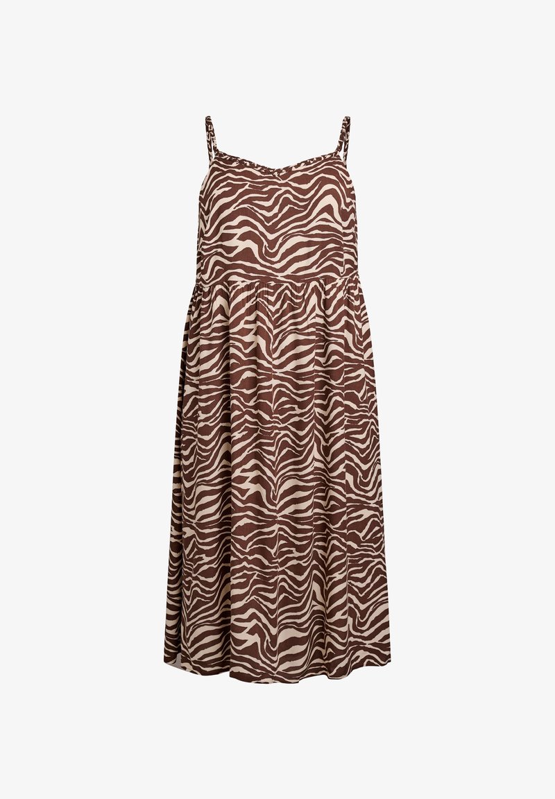 Braunes und beiges ärmelloses Kleid mit einem Zebra-Streifen-Muster, das einen taillierten Oberteil und einen ausladenden Rock hat. Verstellbare Spaghettiträger.