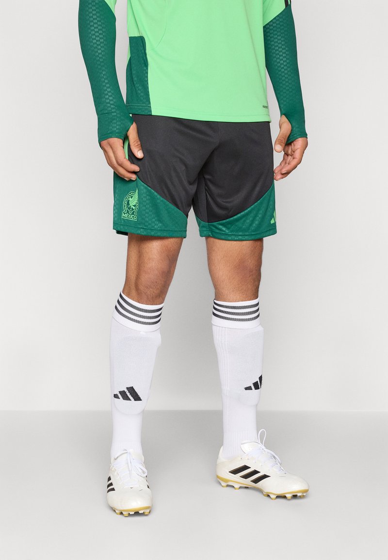 Camisola de manga longa verde com braços texturizados, calções pretos e verdes com um emblema do México, meias brancas com riscas pretas e cravos brancos.