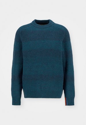 Teal knitted sweater with a ribbed texture, featuring a crew neckline and horizontal stripes. Cuffs have a colored accent detail.