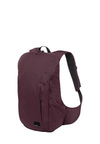 Zaino viola scuro realizzato in tessuto strutturato, dotato di spallacci imbottiti, tasca frontale con zip e etichetta con logo. Design fluido con forma compatta.