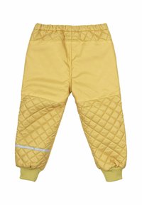 Gelbe gesteppte Hosen mit einem elastischen Bund, gerippten Manschetten und reflektierenden Streifen am Unterschenkel für Sichtbarkeit und Stil.