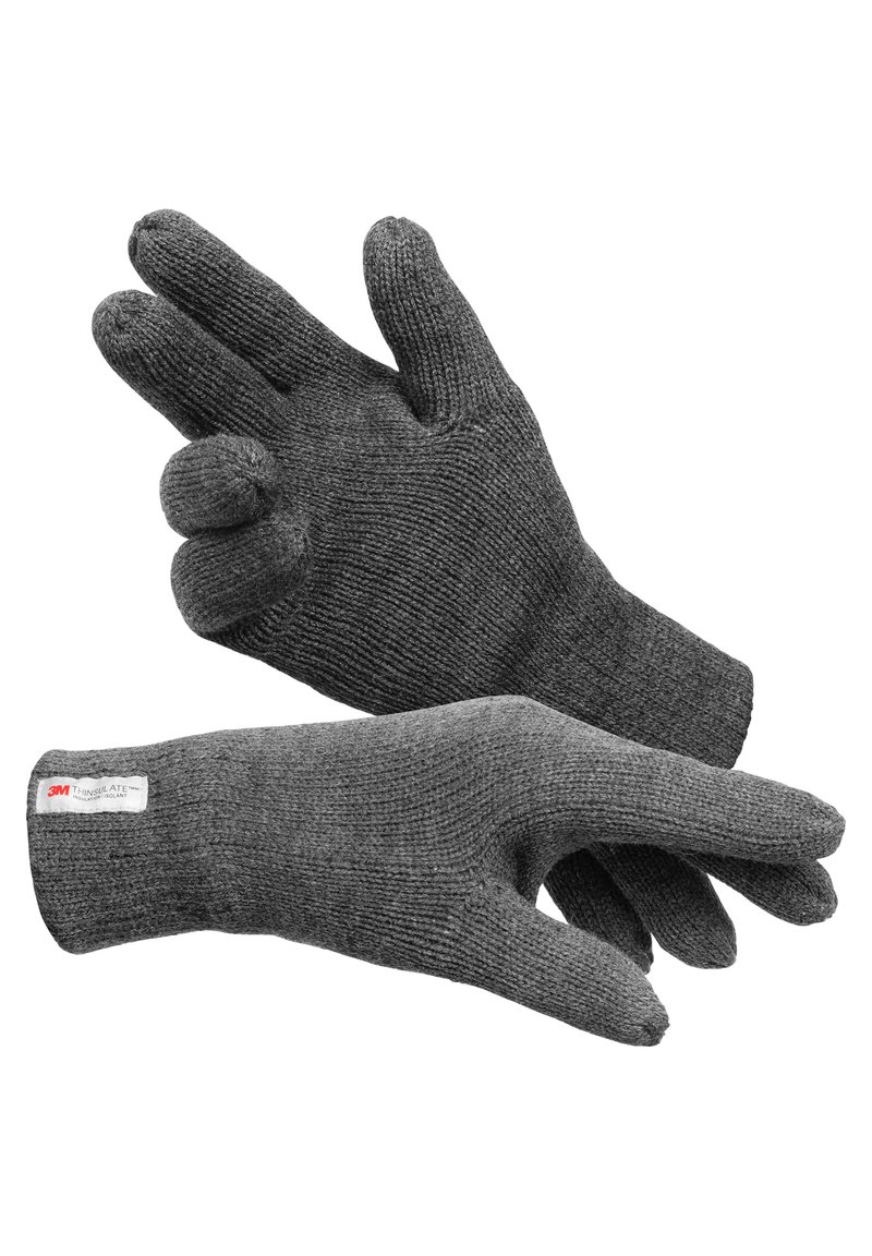 Guanti lavorati a maglia grigi con una texture a coste, dotati di un'etichetta con la scritta "3M Thinsulate", progettati per il calore e la vestibilità.