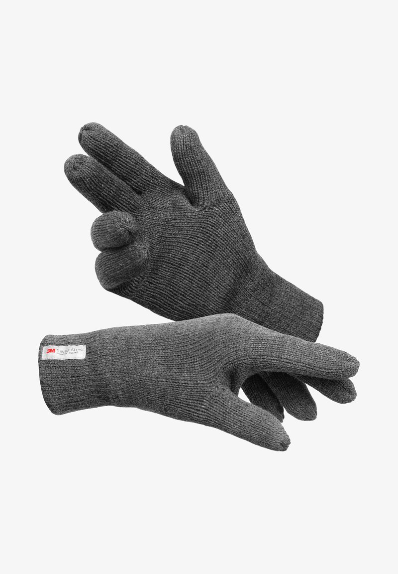 Gray knitted gloves with a ribbed texture, featuring a tag labeled "3M Thinsulate," designed for warmth and fit.
