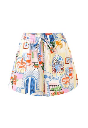 Short coloré avec taille élastique et cordon, présentant des imprimés de chaises, portes, poissons, plantes et scènes de cuisine dans des tons pastel.