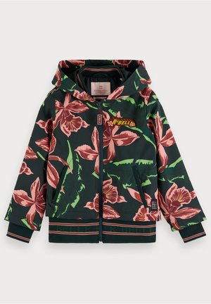 Veste à capuche vert foncé avec imprimé floral rose, fermeture éclair devant, poches latérales, poignets et bas côtelés, et "R'BELLE" brodé sur la poitrine.