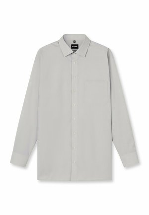 Hellgraues Langarmhemd aus glattem Stoff, mit Button-down-Kragen, Brusttasche und klassischem Knopfverschluss mit schlichten Manschetten.