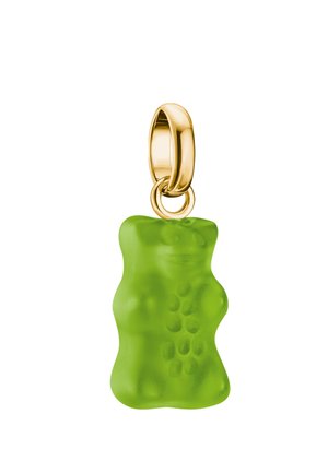 Gold earring hoop with a dangling translucent green gummy bear-shaped charm.