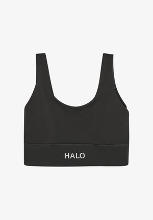 Czarny sportowy biustonosz z szerokimi ramiączkami i białym logo "HALO" umieszczonym na elastycznym pasku pod biustem.