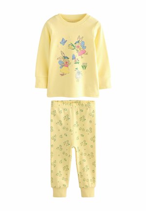 Gul bomull tvådelad pyjamasset. Topp med färgglad tryck av kaniner och fjärilar. Byxor med små blommönster; båda är mjuka och bekväma.