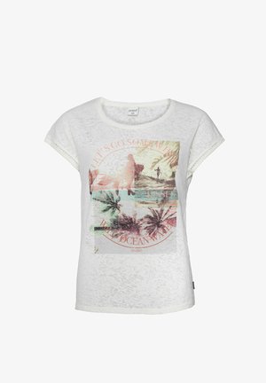 T-shirt bianco a maniche corte con una finitura testurizzata. Presenta una stampa grafica colorata di palme e il testo "ANDIAMO DA QUALCHE PARTE."