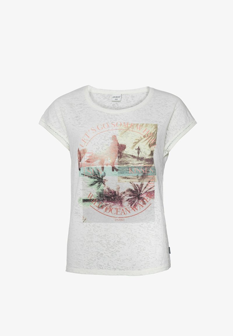 Camiseta blanca de manga corta con un acabado texturizado. Presenta un colorido estampado gráfico de palmeras y el texto "VAMOS A ALGÚN LUGAR".