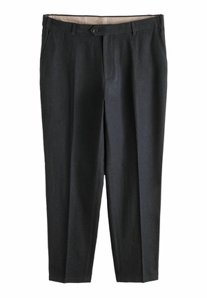 Black formal trousers with belt loops, side pockets, front button, and zipper closure, displayed against a white background.