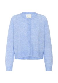 Cardigan bleu clair en tissu tricot doux. Dispose d'un col rond, d'une fermeture à boutons et de poignets et d'un ourlet côtelés.