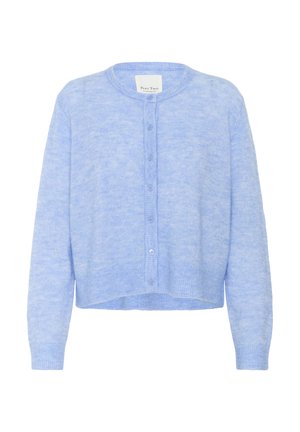 Cardigan bleu clair en tissu tricot doux. Dispose d'un col rond, d'une fermeture à boutons et de poignets et d'un ourlet côtelés.