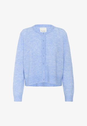 Hellblauer Cardigan aus weichem Strickstoff. Verfügt über einen runden Ausschnitt, eine Knopfverschlüsse und gerippte Bündchen sowie einen gerippten Saum.