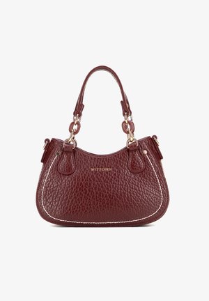 Sac à main en cuir texturé rouge foncé avec double poignées, maillons de chaîne dorés, surpiqûres blanches et logo "WITTCHEN" au centre à l'avant.