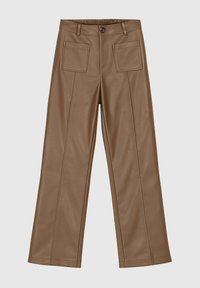Pantalons wide-leg en simili cuir marron avec une texture lisse, dotés de deux poches arrière et de coutures à l'avant, finis avec un bouton à la taille.