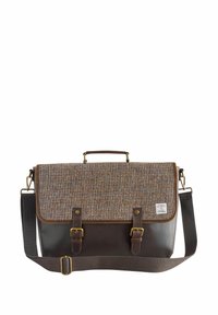 Brown leather messenger bag with a textured, multicolored woven flap, featuring two buckles and an adjustable shoulder strap.