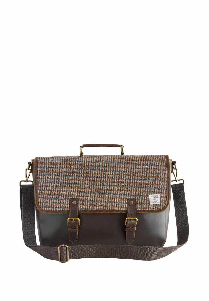 Brown leather messenger bag with a textured, multicolored woven flap, featuring two buckles and an adjustable shoulder strap.