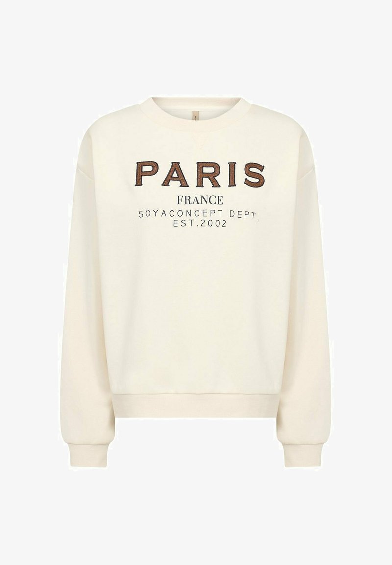 Crèmekleurige trui met de tekst "PARIS FRANCE" in bruine en zwarte letters, met geribbelde boorden en zoom, gemaakt van een zachte stof.