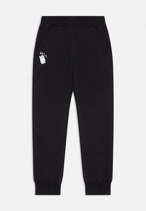 Black sweatpants made of soft fabric, featuring side pockets and elastic cuffs. Includes a white ghost graphic with "Boo" text on the left side.