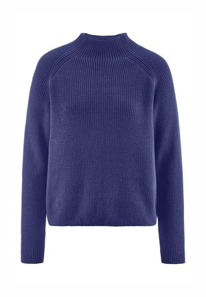 Maglione lavorato a maglia di colore blu navy con colletto alto a costine, maniche a raglan e una vestibilità rilassata. La trama è morbida e leggermente spessa.