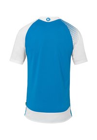 T-shirt de sport à manches courtes avec un corps bleu et des manches blanches, présente un motif texturé bleu sur une épaule et un logo au col.