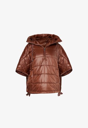 Chaqueta acolchada marrón con capucha amplia, cierre de media cremallera, mangas cortas y cordones ajustables en el dobladillo. Textura suave y brillante.