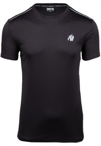 Zwart sportshirt met korte mouwen, gemaakt van een gladde stof. Bevat een klein wit gorilla-logo op de linkerborst en minimale zilveren accentstroken.